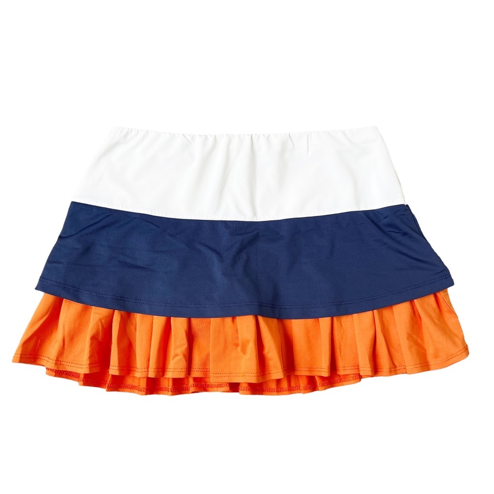 LUCKY IN LOVE White Blue Orange Tiered Tennis Skirt Built In Shorts Women’s S